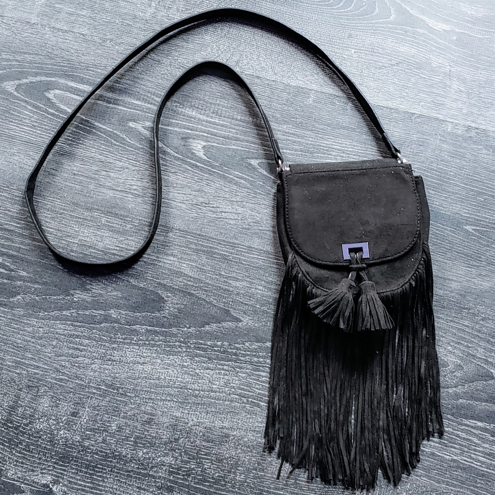 Black express faux leather fringe crossbody